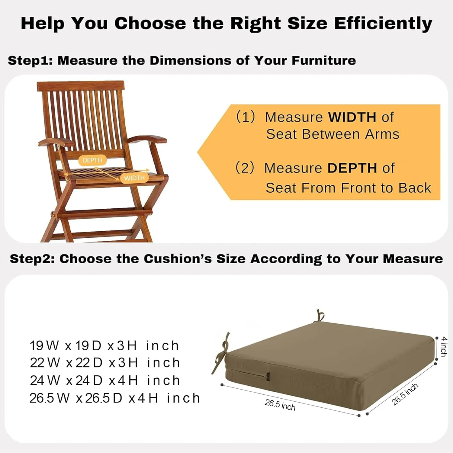 idee-home Outdoor Chair Cushions Set of 2, Waterproof Outdoor Seat Cushions for Patio Furniture, Outside Replacement Chair Pad with Ties for Lawn Deck Porch, 26.5 x 26.5