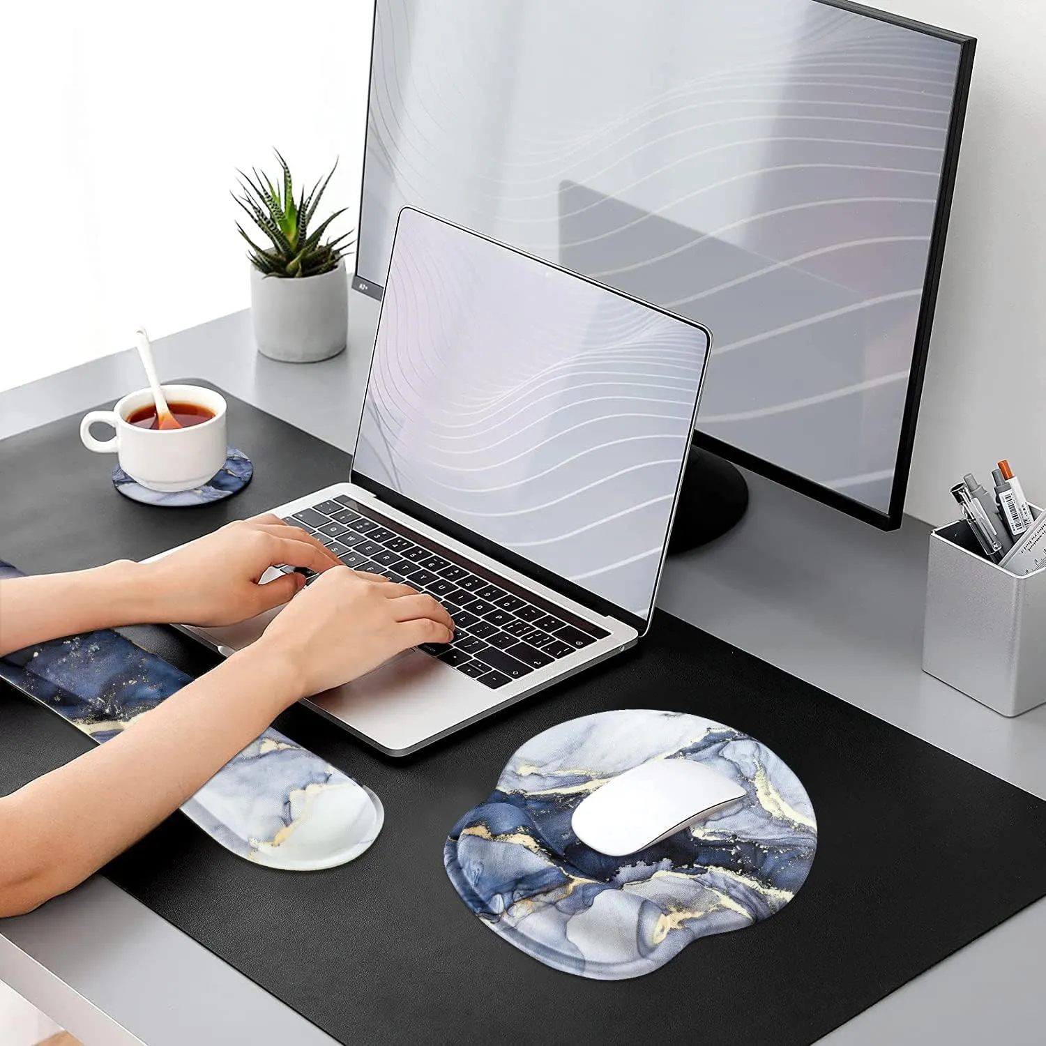 iLeadon Mouse Pad with Wrist Support Keyboard Wrist Rest Set, Ergonomic Mouse Pad with Non-Slip Base for Computer Home Office   Coasters, Easy Typing & Pain Relief Mouse Mat, Dark Blue Marble