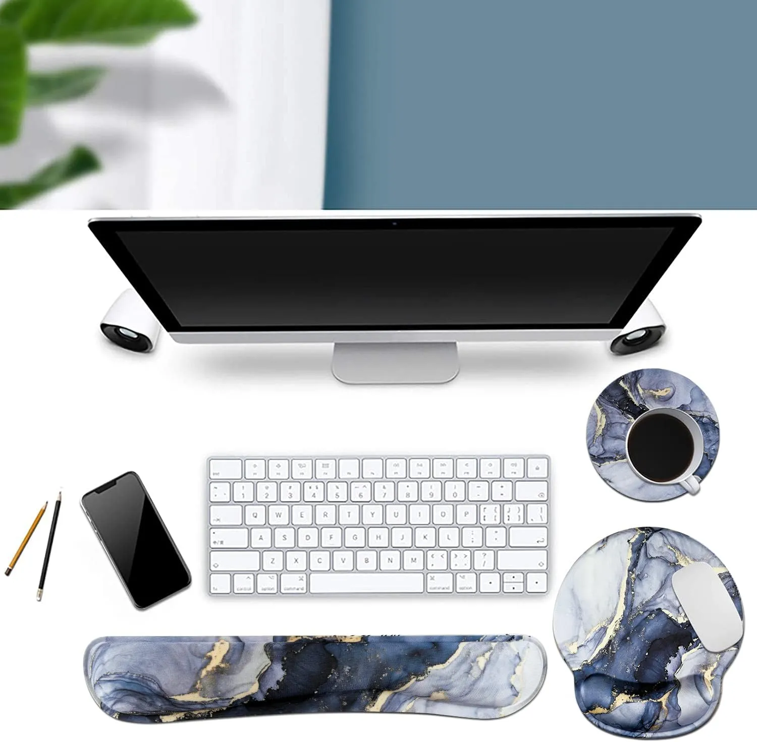 iLeadon Mouse Pad with Wrist Support Keyboard Wrist Rest Set, Ergonomic Mouse Pad with Non-Slip Base for Computer Home Office   Coasters, Easy Typing & Pain Relief Mouse Mat, Dark Blue Marble
