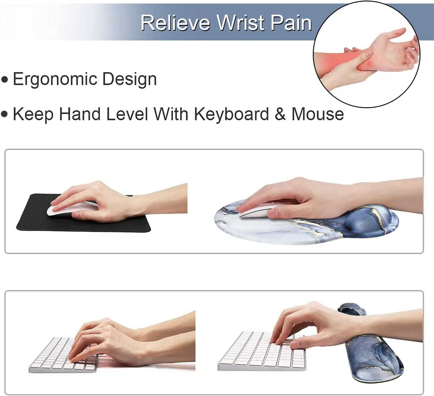 iLeadon Mouse Pad with Wrist Support Keyboard Wrist Rest Set, Ergonomic Mouse Pad with Non-Slip Base for Computer Home Office   Coasters, Easy Typing & Pain Relief Mouse Mat, Dark Blue Marble