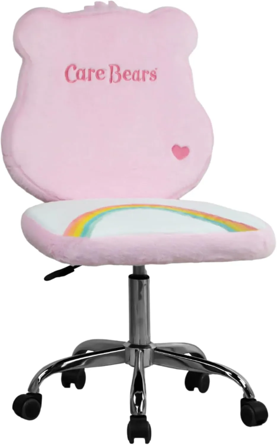 Impressions Vanity Care Bears Cheer Bear Swivel Vanity Chair for Bedroom, Armless Makeup Desk Chair with Wheels, Adjustable Height, Soft Teddy Fur Fabric and Comfy Foam Padded Seat