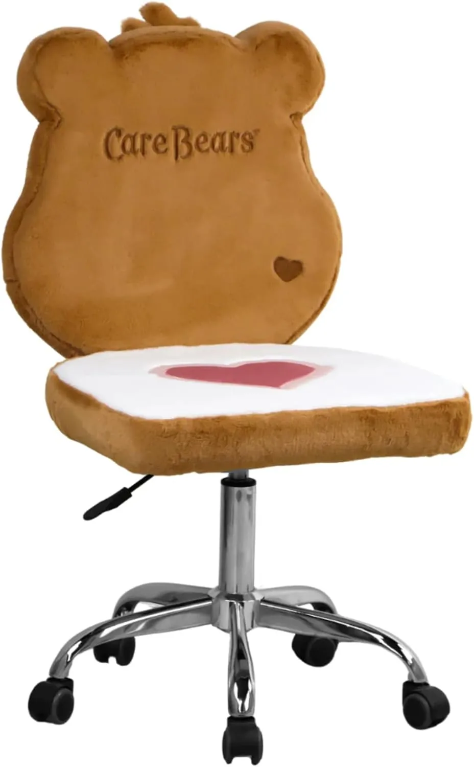 Impressions Vanity Care Bears Tenderheart Bear Swivel Vanity Chair for Bedroom, Armless Makeup Desk Chair with Wheels, Adjustable Height, Soft Teddy Fur Fabric and Comfy Foam Padded Seat