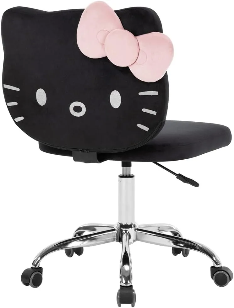 Impressions Vanity Hello Kitty Kawaii Swivel Vanity Chair for Makeup Room, Adjustable Height Cute Desk Chair with Wheels Rolling, Comfy Polyurethane Foam Back Armless Chair for Dorm (Black)