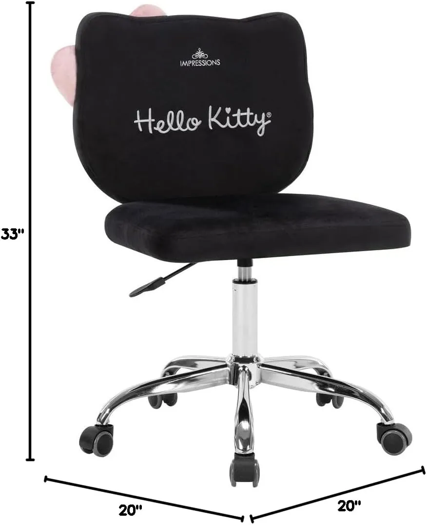 Impressions Vanity Hello Kitty Kawaii Swivel Vanity Chair for Makeup Room, Adjustable Height Cute Desk Chair with Wheels Rolling, Comfy Polyurethane Foam Back Armless Chair for Dorm (Black)