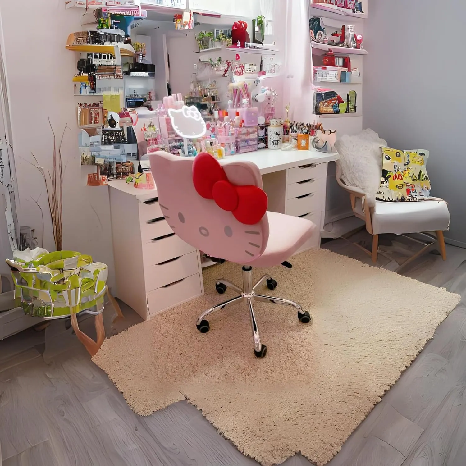 Impressions Vanity Hello Kitty Kawaii Swivel Vanity Chair for Makeup Room, Adjustable Height Desk Chair with Wheels Rolling, Comfy Polyurethane Foam Back Armless Chair for Dorm (Pink)