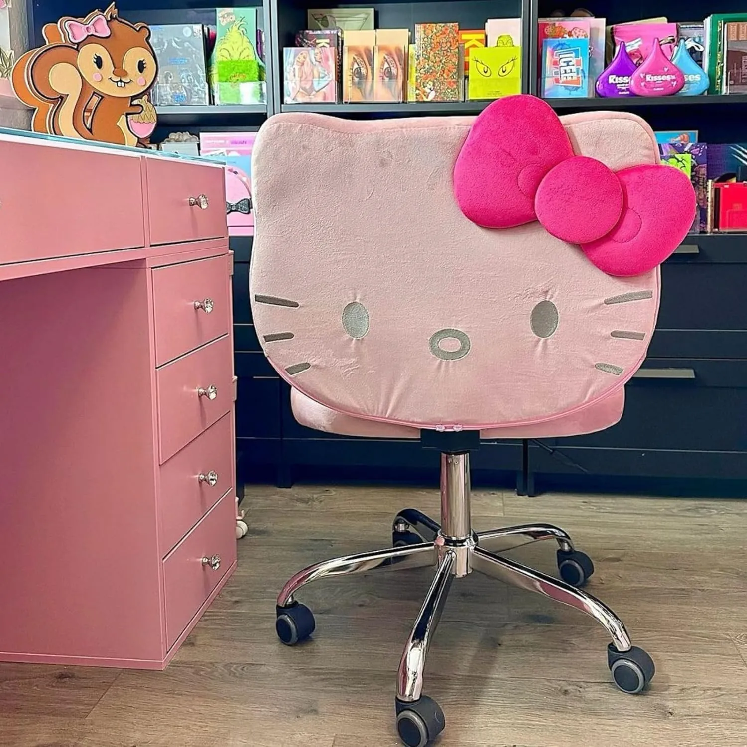 Impressions Vanity Hello Kitty Kawaii Swivel Vanity Chair for Makeup Room, Adjustable Height Desk Chair with Wheels Rolling, Comfy Polyurethane Foam Back Armless Chair for Dorm (Pink)