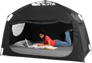 Indoor Instant Privacy Bed Tent for Sleeping,Quick Set-up Bed Canopies,Portable Bed Drapes with Large Space and 3 Doors (Black, Full)