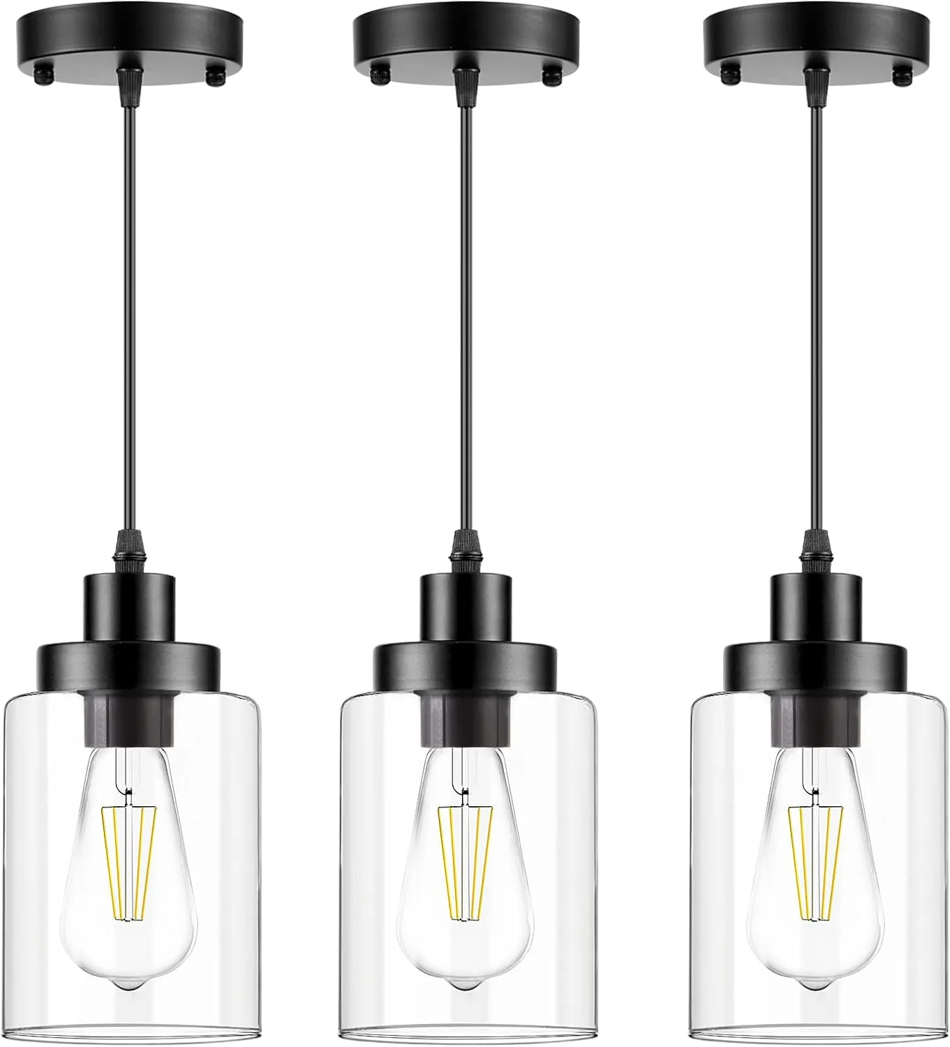 Industrial Pendant Lighting, Modern Clear Glass Shade Farmhouse Adjustable Hanging Light Fixtures for Kitchen Island Living Room Bedroom Hallway, 3-Pack