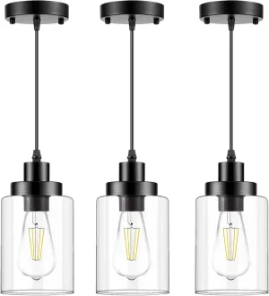 Industrial Pendant Lighting, Modern Clear Glass Shade Farmhouse Adjustable Hanging Light Fixtures for Kitchen Island Living Room Bedroom Hallway, 3-Pack