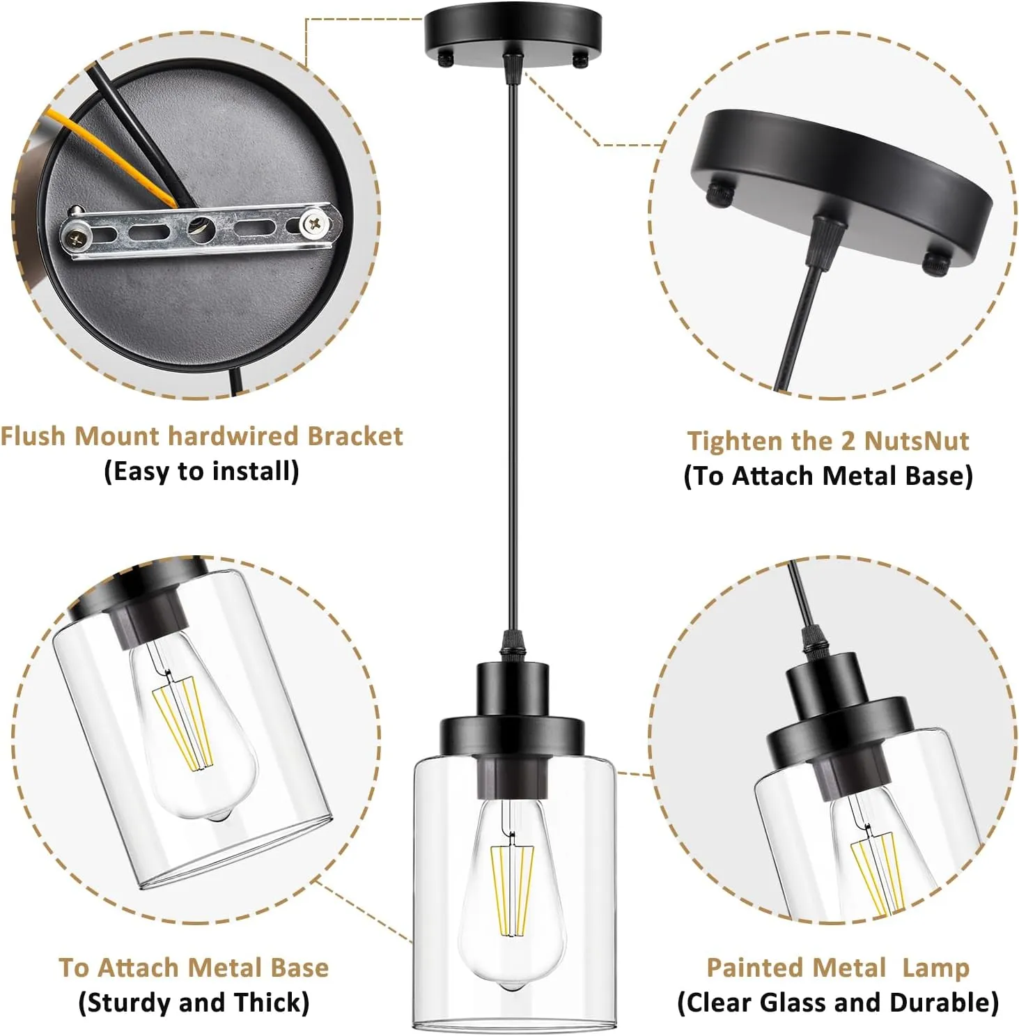 Industrial Pendant Lighting, Modern Clear Glass Shade Farmhouse Adjustable Hanging Light Fixtures for Kitchen Island Living Room Bedroom Hallway, 3-Pack