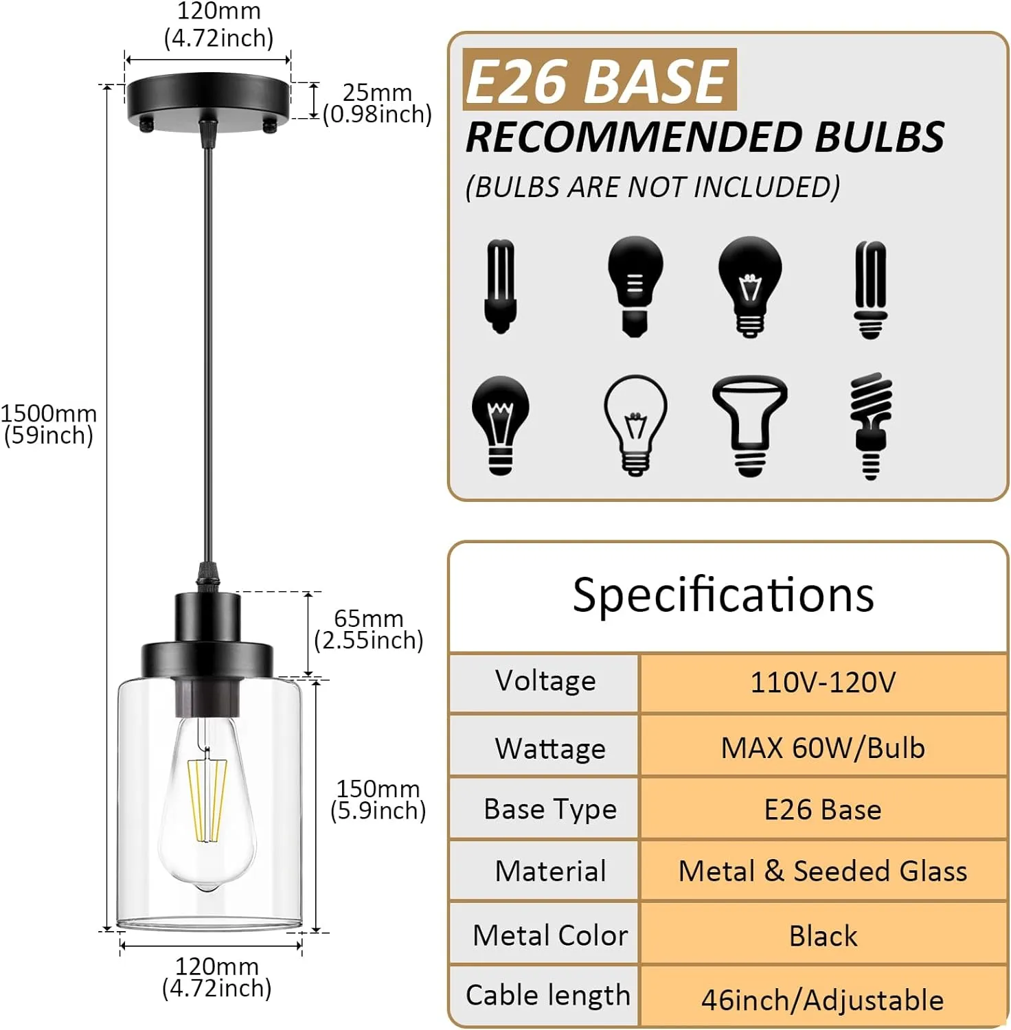 Industrial Pendant Lighting, Modern Clear Glass Shade Farmhouse Adjustable Hanging Light Fixtures for Kitchen Island Living Room Bedroom Hallway, 3-Pack
