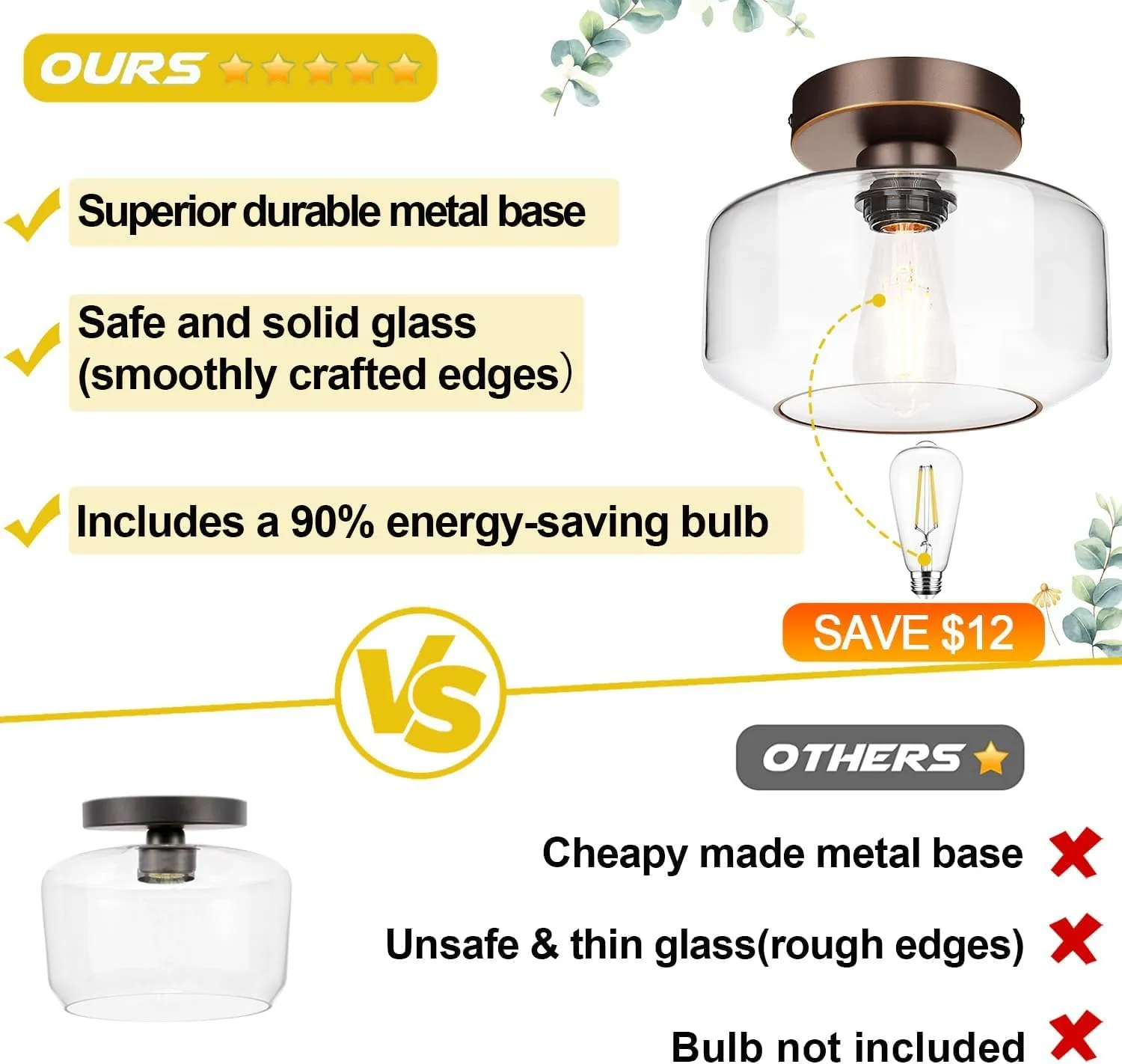 Industrial Semi Flush Mount Ceiling Light Oil Rubbed Bronze, 800 Lumen LED Bulb Included, Clear Glass Shade Ceiling Light Fixture, Light Fixture for Hallway Bathroom Bedroom, Hanging Light Fixtures