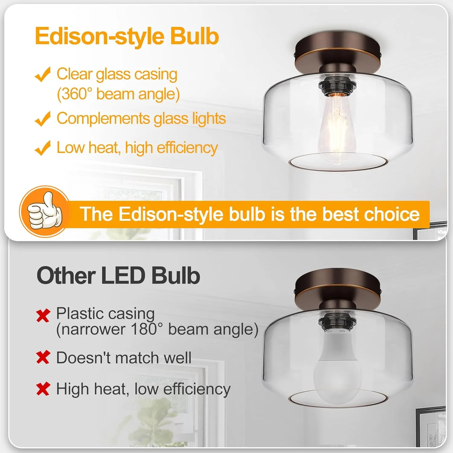 Industrial Semi Flush Mount Ceiling Light Oil Rubbed Bronze, 800 Lumen LED Bulb Included, Clear Glass Shade Ceiling Light Fixture, Light Fixture for Hallway Bathroom Bedroom, Hanging Light Fixtures