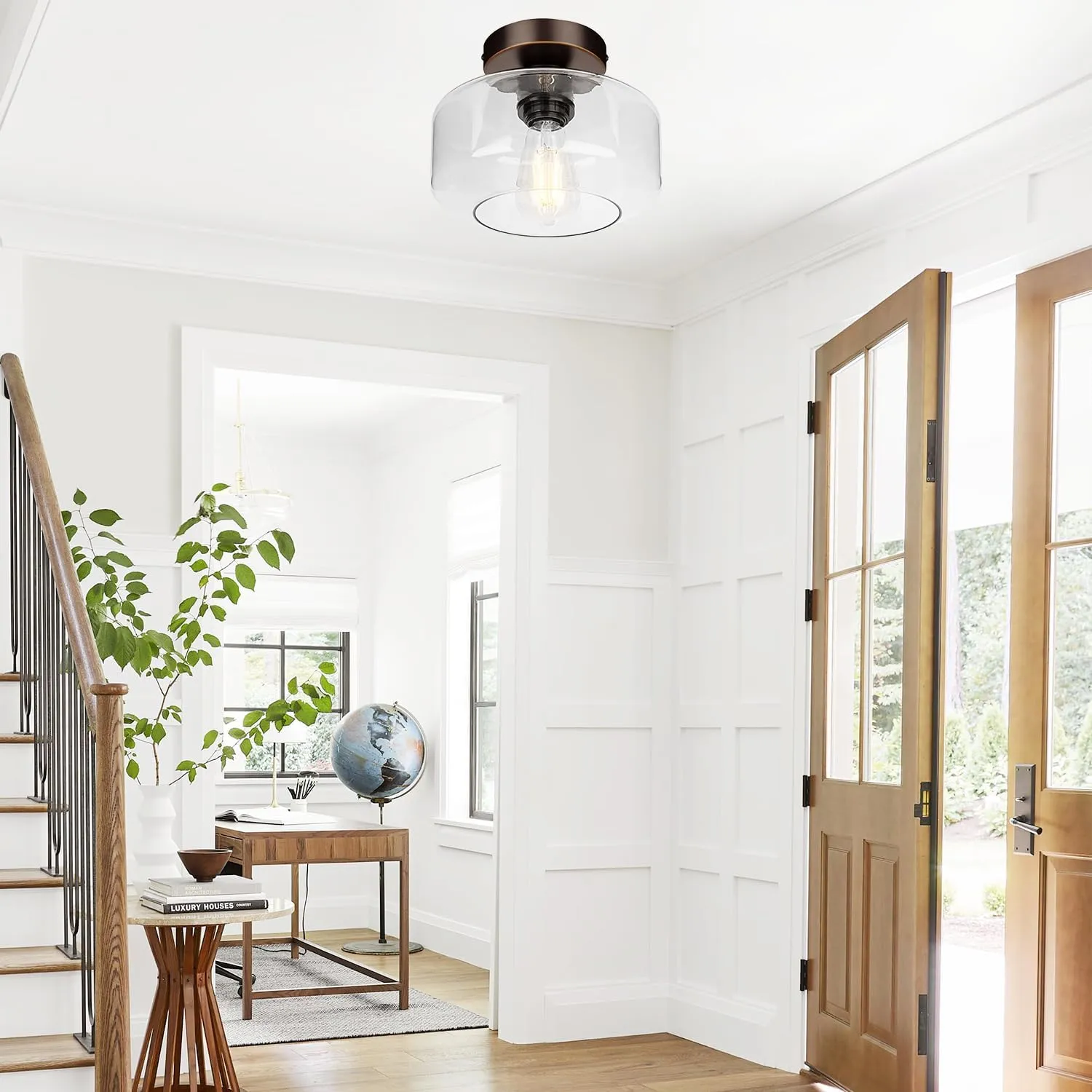 Industrial Semi Flush Mount Ceiling Light Oil Rubbed Bronze, 800 Lumen LED Bulb Included, Clear Glass Shade Ceiling Light Fixture, Light Fixture for Hallway Bathroom Bedroom, Hanging Light Fixtures