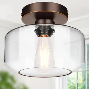 Industrial Semi Flush Mount Ceiling Light Oil Rubbed Bronze, 800 Lumen LED Bulb Included, Clear Glass Shade Ceiling Light Fixture, Light Fixture for Hallway Bathroom Bedroom, Hanging Light Fixtures