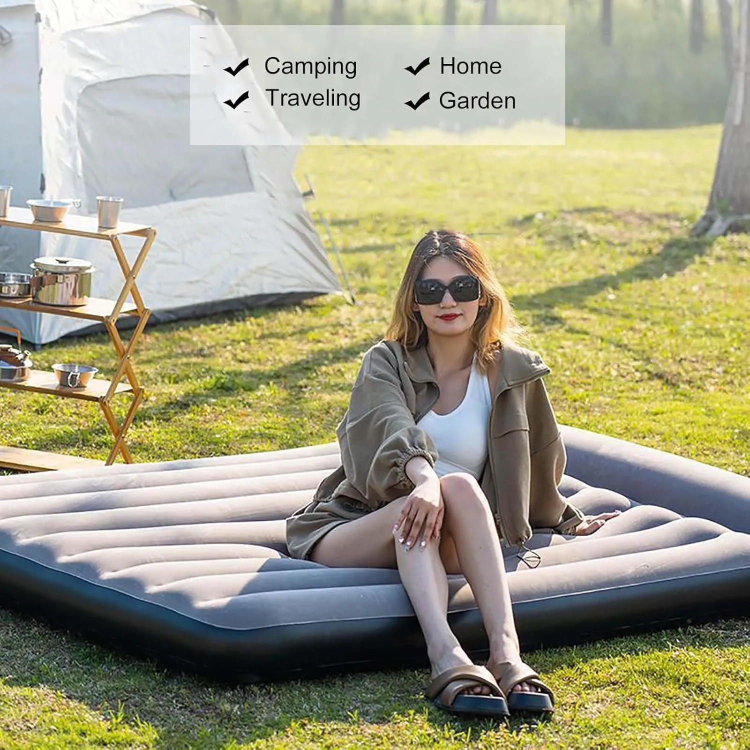 Inflatable Air Mattress,Single/Double Person Comfort Flocked Portable Blow Up Mattresses Air Bed Sleeping Pad with Hand Pump for Backpacking Tent Camping/Traveling/Home Use (Grey,Single Person)