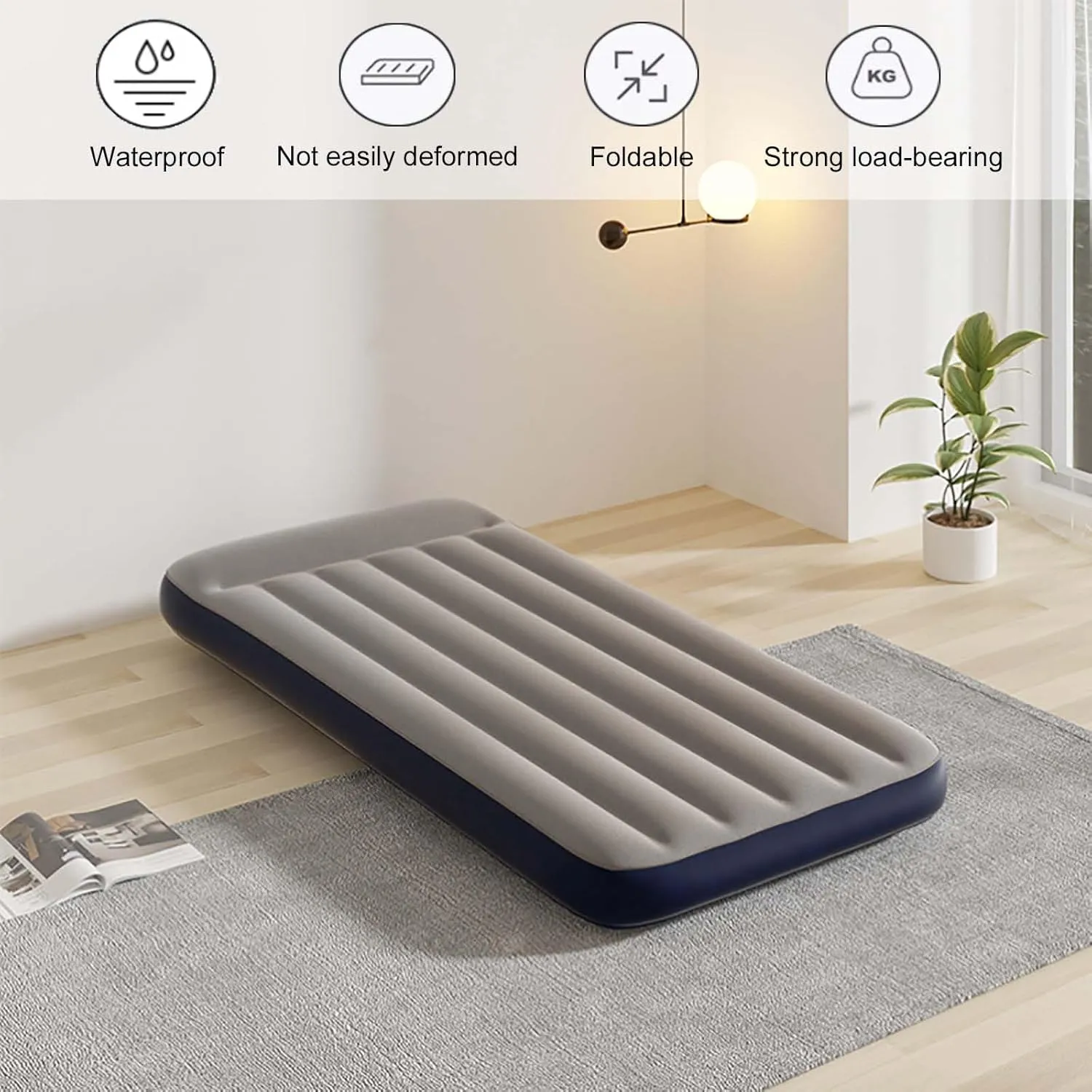 Inflatable Air Mattress,Single/Double Person Comfort Flocked Portable Blow Up Mattresses Air Bed Sleeping Pad with Hand Pump for Backpacking Tent Camping/Traveling/Home Use (Grey,Single Person)
