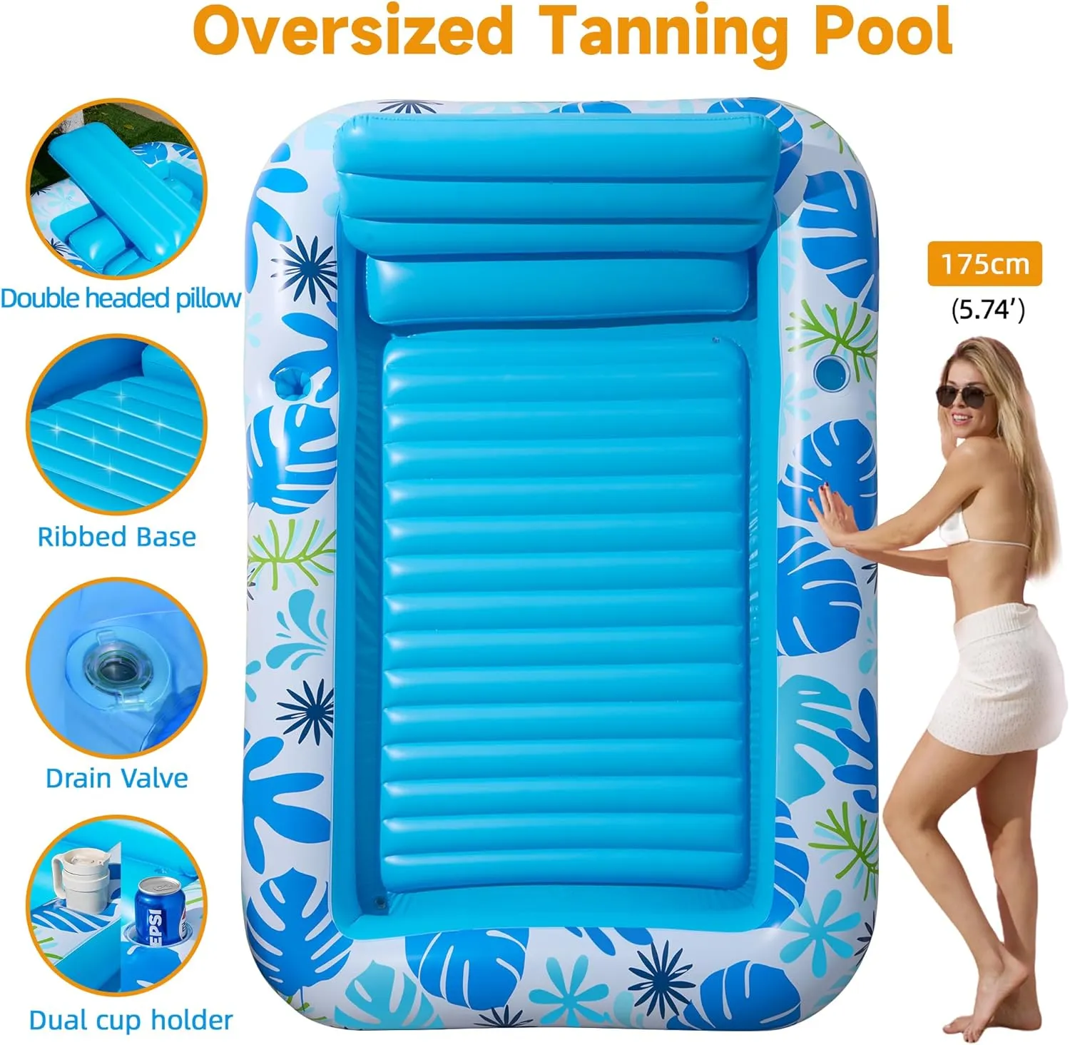 Inflatable Backyard Tanning Pool Lounger Float with Built-in Drainage, 85"×57.5" 6-in-1 Pool Floats Adult Inflatable Tanning Bed/Sun tan Tub/Outside Blow Up Chair Sofa Cloud Pools