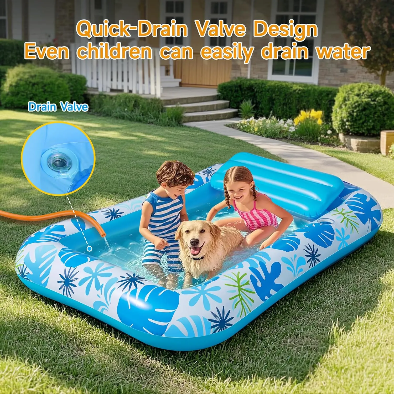 Inflatable Backyard Tanning Pool Lounger Float with Built-in Drainage, 85"×57.5" 6-in-1 Pool Floats Adult Inflatable Tanning Bed/Sun tan Tub/Outside Blow Up Chair Sofa Cloud Pools