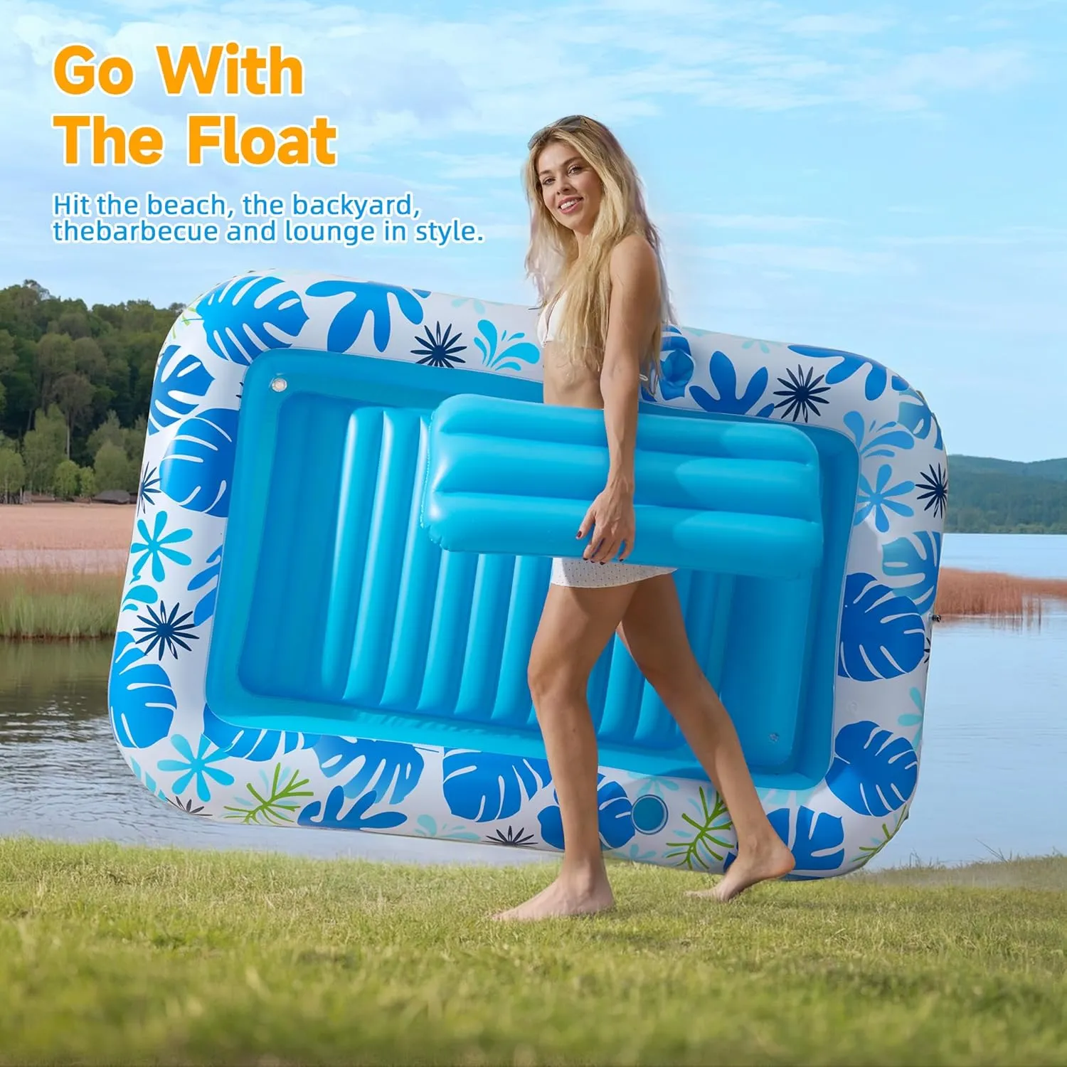Inflatable Backyard Tanning Pool Lounger Float with Built-in Drainage, 85"×57.5" 6-in-1 Pool Floats Adult Inflatable Tanning Bed/Sun tan Tub/Outside Blow Up Chair Sofa Cloud Pools