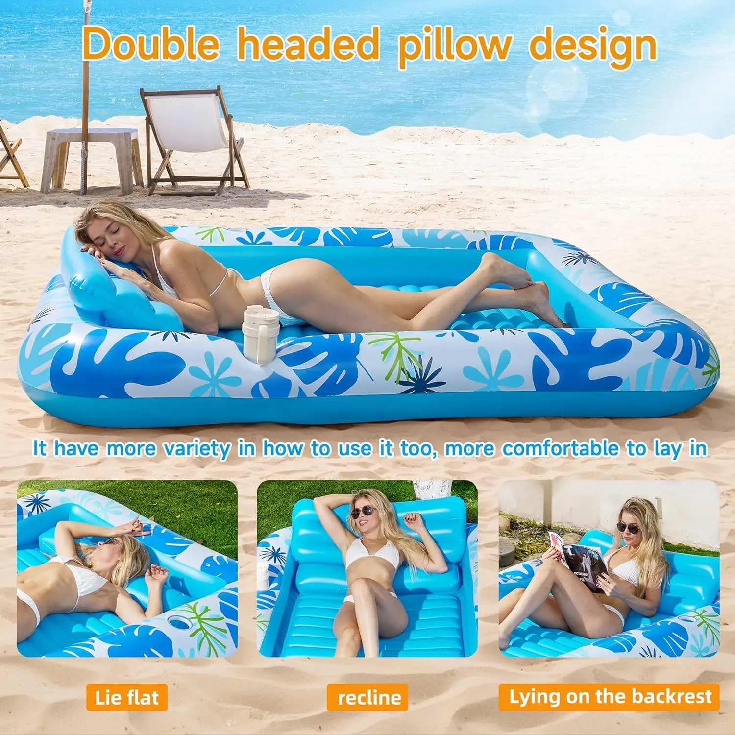 Inflatable Backyard Tanning Pool Lounger Float with Built-in Drainage, 85"×57.5" 6-in-1 Pool Floats Adult Inflatable Tanning Bed/Sun tan Tub/Outside Blow Up Chair Sofa Cloud Pools