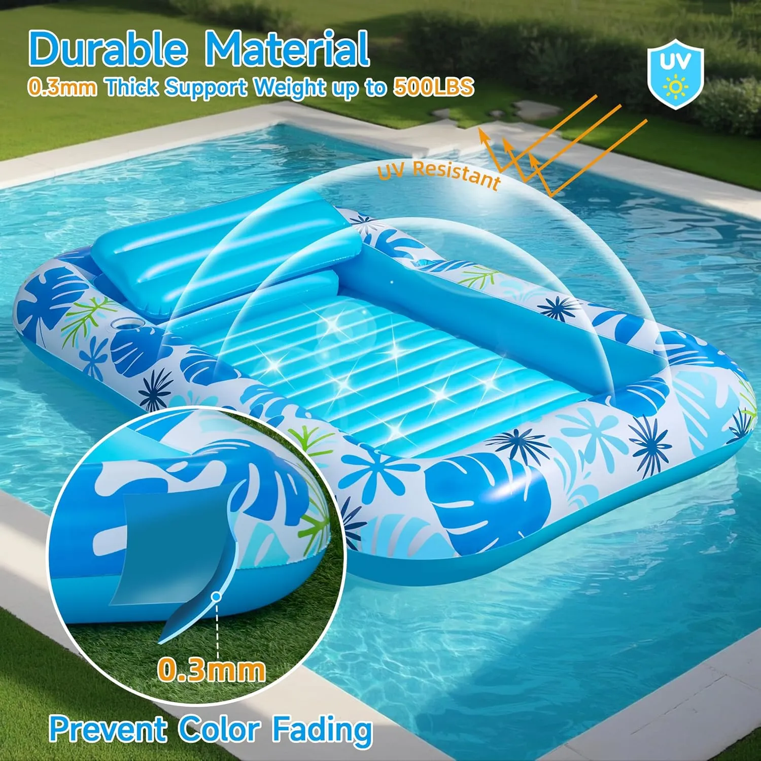 Inflatable Backyard Tanning Pool Lounger Float with Built-in Drainage, 85"×57.5" 6-in-1 Pool Floats Adult Inflatable Tanning Bed/Sun tan Tub/Outside Blow Up Chair Sofa Cloud Pools