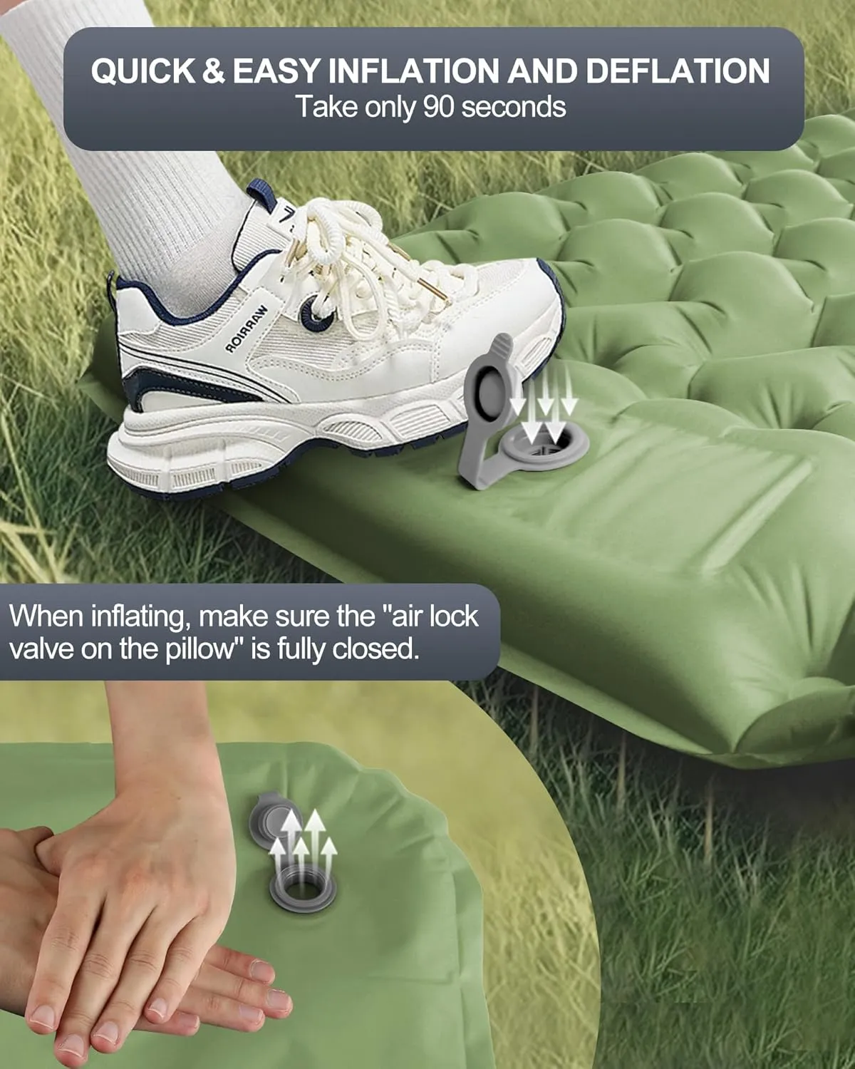 Inflatable Camping Sleeping Pad with Pillow & Foot Pump, 3"x79"x26" Single Camping Air Mattress, Compact Roll-Up, Quick-Dry & Durable Sleeping Mat for Backpacking, Hiking, Tent, Travel – Grass Green