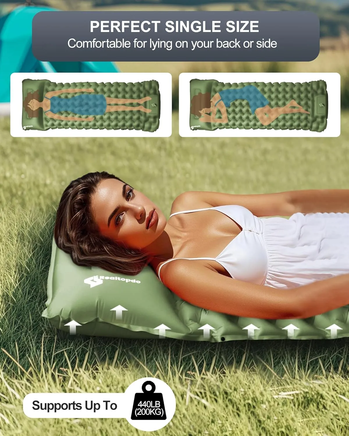 Inflatable Camping Sleeping Pad with Pillow & Foot Pump, 3"x79"x26" Single Camping Air Mattress, Compact Roll-Up, Quick-Dry & Durable Sleeping Mat for Backpacking, Hiking, Tent, Travel – Grass Green