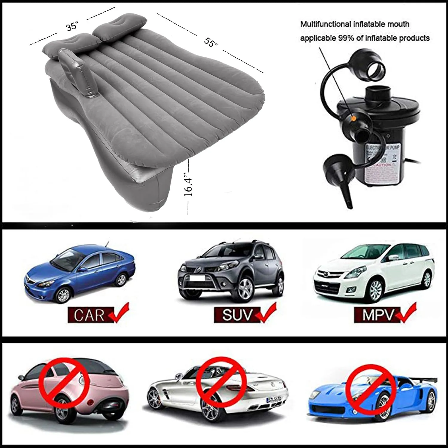 Inflatable Car Air Mattress Back Seat Bed,Thickened Car Travel Camping Air Mattress with Air Pump,Blow Up Bed Portable Car Sleeping Mattress for Car Universal SUV