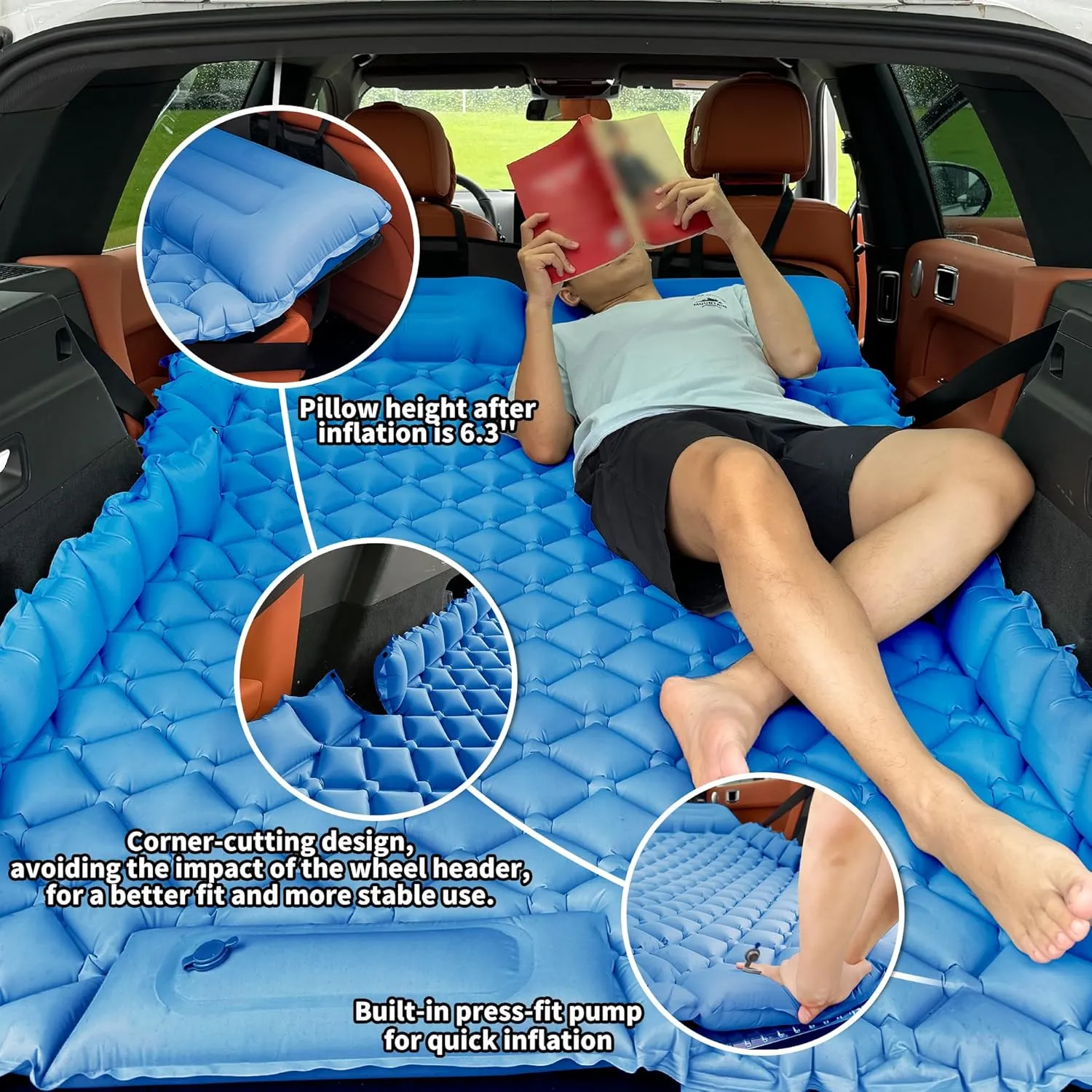 Inflatable Car Air Mattress, SUV Air Mattress for Travel Camping, Ultralight Camping Bed with Pillow and Built-in Foot Pump, Portable Sleeping Pad for SUV -Blue