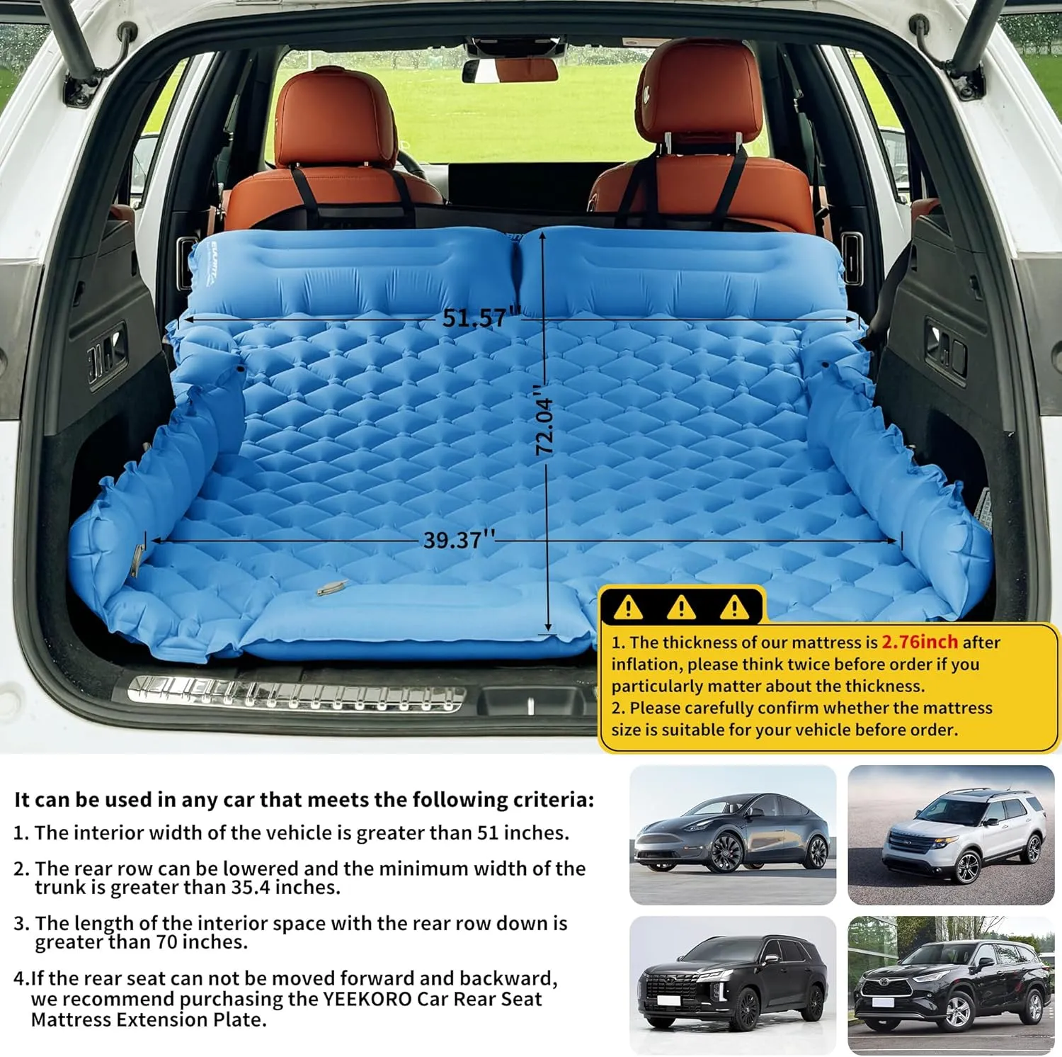 Inflatable Car Air Mattress, SUV Air Mattress for Travel Camping, Ultralight Camping Bed with Pillow and Built-in Foot Pump, Portable Sleeping Pad for SUV -Blue
