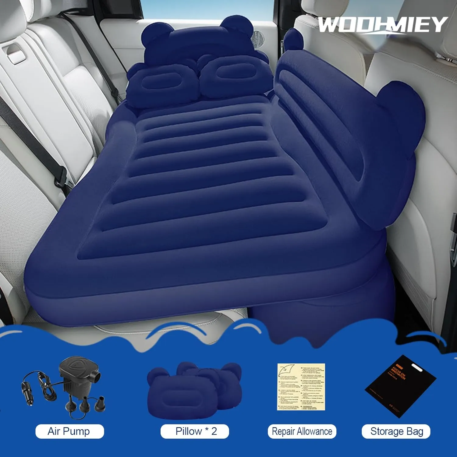 Inflatable Car Mattress Bed, SUV Air Mattress with Electric Air Pump, 2 Inflatable Pillows, Suitable for Home,Outdoor,Camping and Travelling Car Sleeping Pad (Blue)