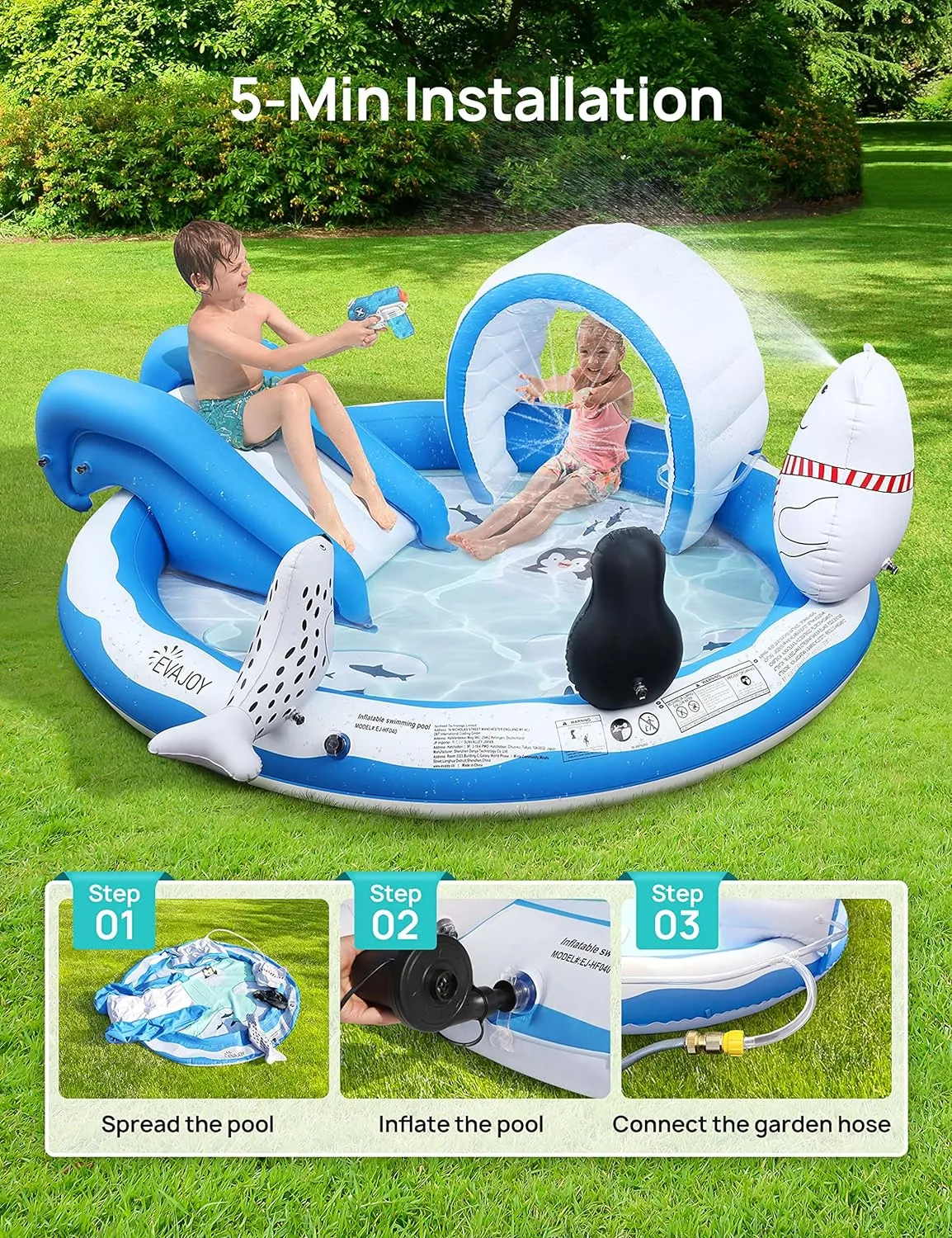 Inflatable Play Center, EVAJOY Kiddie Pool with Slide for Children, Sprinkler, Ice & Snow Theme with Inflatable Dolls, Easy Setup for Garden, Backyard, Indoor Usage
