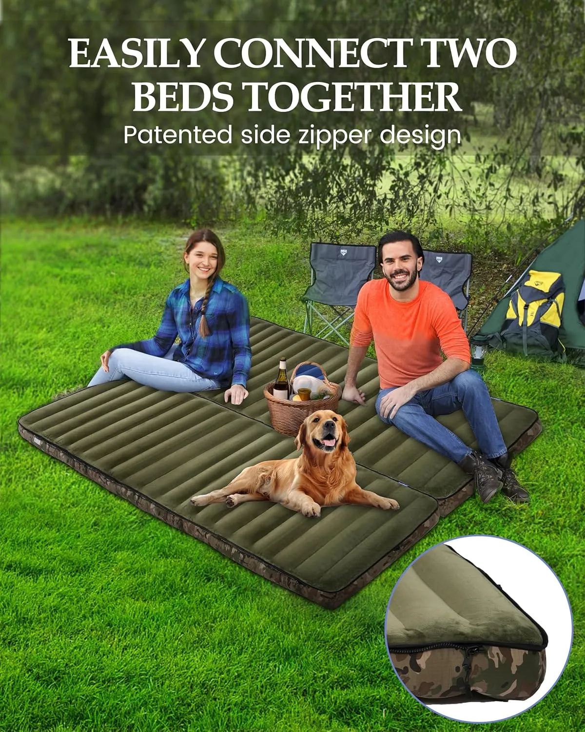 Inflatable Sleeping Pad for Camping, Extra-Thick 4.75 Inch Air Mattress with Soft Cotton Top, Machine Washable, Family Lightweight 4-Season Pad for Camping, Traveling & Hiking, Green