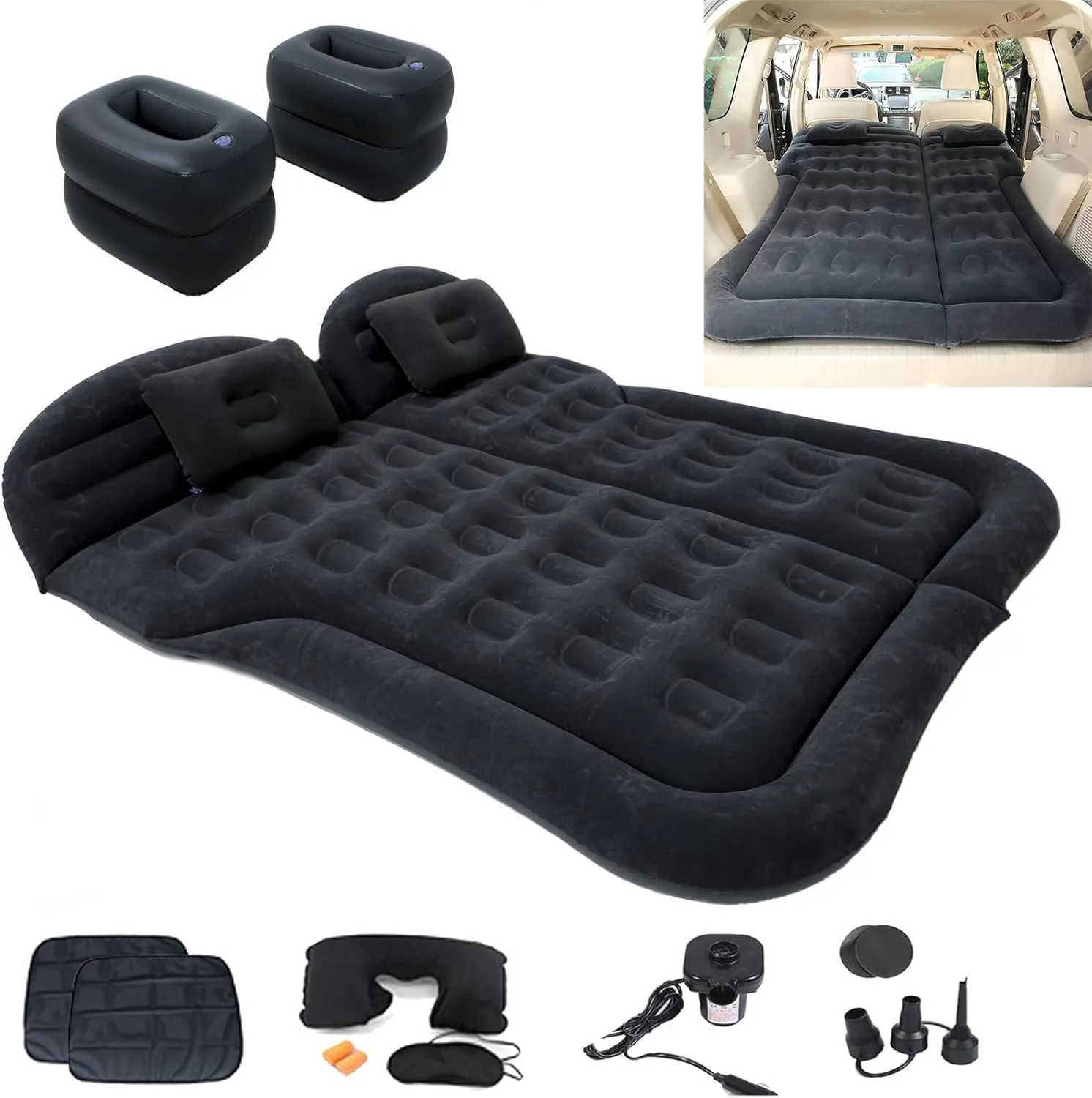 Inflatable SUV Air Mattress 4 in 1 Thickened Flocking Inflatable Car Camping Travel Air Mattress with 2 Pillows & Air Pump,Portable Car Sleeping Bed for SUV|MPV|Minivan