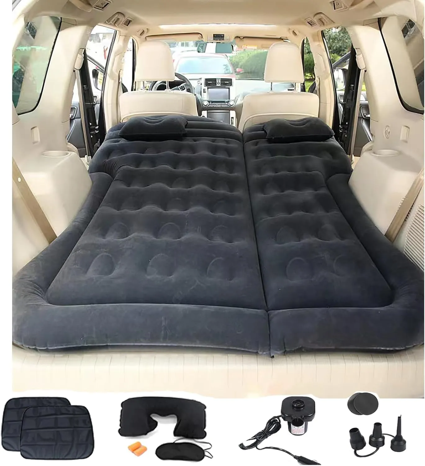 Inflatable SUV Air Mattress 4 in 1 Thickened Flocking Inflatable Car Camping Travel Air Mattress with 2 Pillows & Air Pump,Portable Car Sleeping Bed for SUV|MPV|Minivan