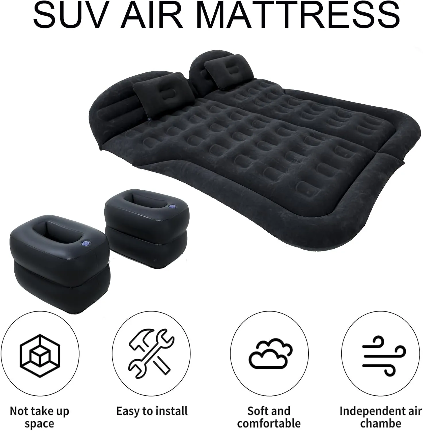 Inflatable SUV Air Mattress 4 in 1 Thickened Flocking Inflatable Car Camping Travel Air Mattress with 2 Pillows & Air Pump,Portable Car Sleeping Bed for SUV|MPV|Minivan