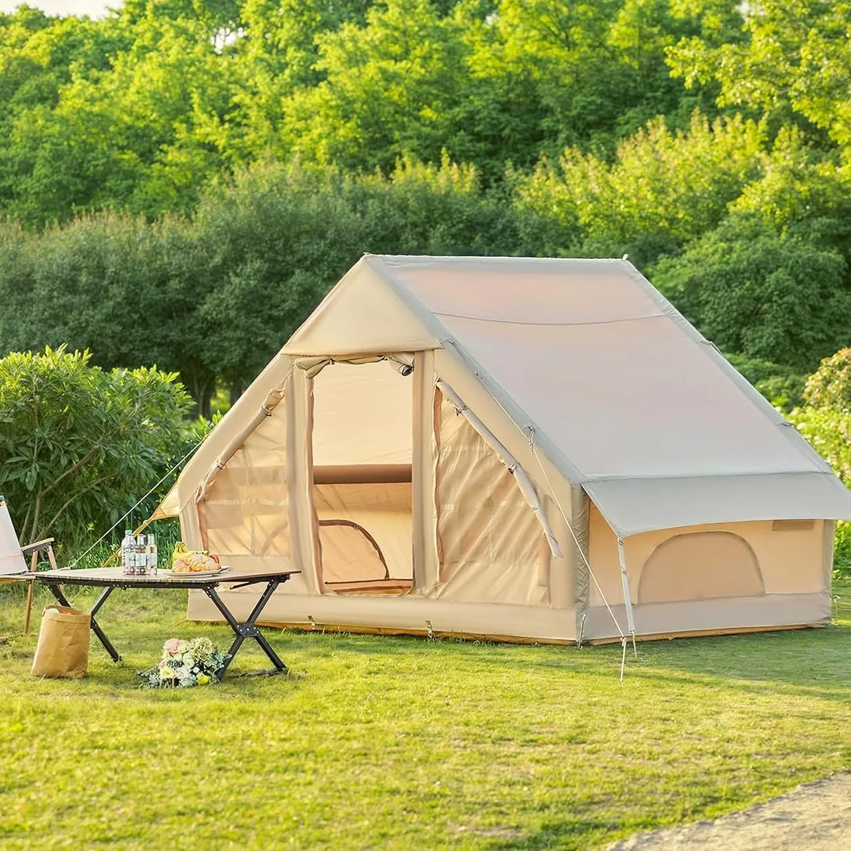 Inflatable Tent House 3-5 Person Family 4 Season Air Tent for Camping, Outdoor Blow Up Tents with Hand Pump, Glamping Tents Large Vestibule, Waterproof and Windproof with Mesh Windows, Quick To Set Up