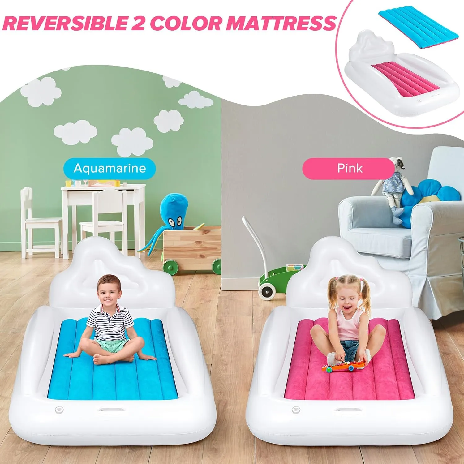 Inflatable Toddler Travel Bed, Double-Sided Kids Air Mattress | Kids Blow up Mattress with Sides | Travel Portable Toddler Bed for Travel, Sleepovers - Pink & & Aquamarine