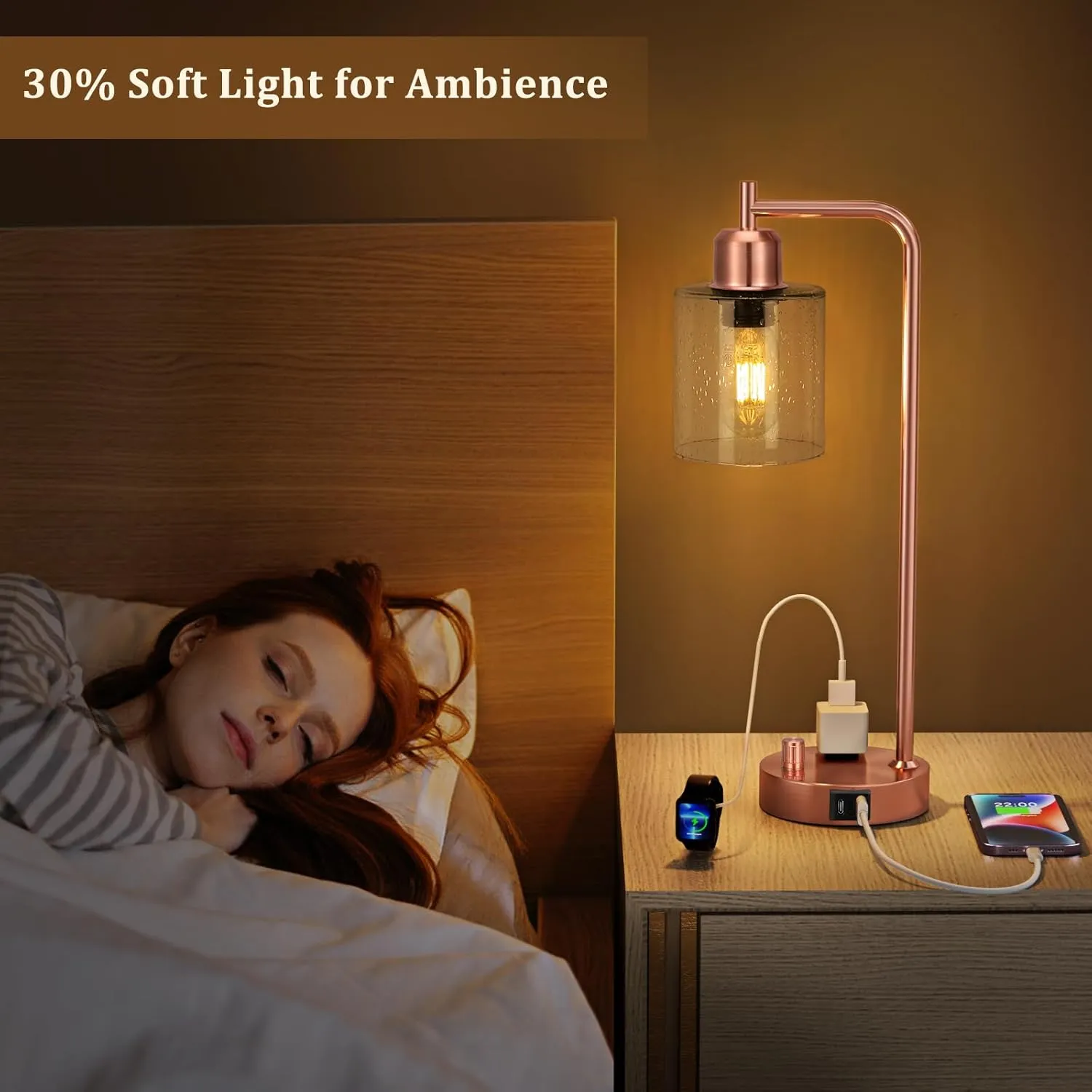 Innqoo Copper Industrial Bedside Table Lamp for Bedroom - Nightstand Lamps with USB C Charging Port, Fully Dimmable Black Ports and Outlets, Small Desk Glass Shade Office Living Room
