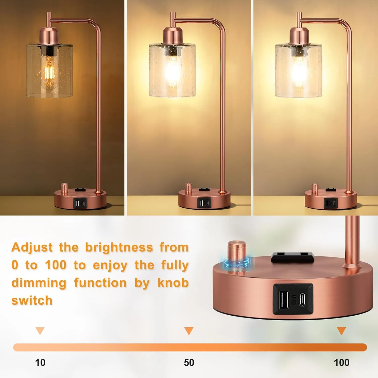 Innqoo Copper Industrial Bedside Table Lamp for Bedroom - Nightstand Lamps with USB C Charging Port, Fully Dimmable Black Ports and Outlets, Small Desk Glass Shade Office Living Room