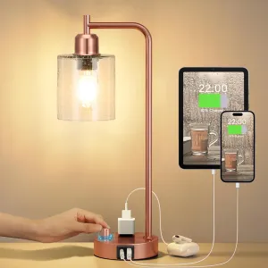 Innqoo Copper Industrial Bedside Table Lamp for Bedroom - Nightstand Lamps with USB C Charging Port, Fully Dimmable Black Ports and Outlets, Small Desk Glass Shade Office Living Room