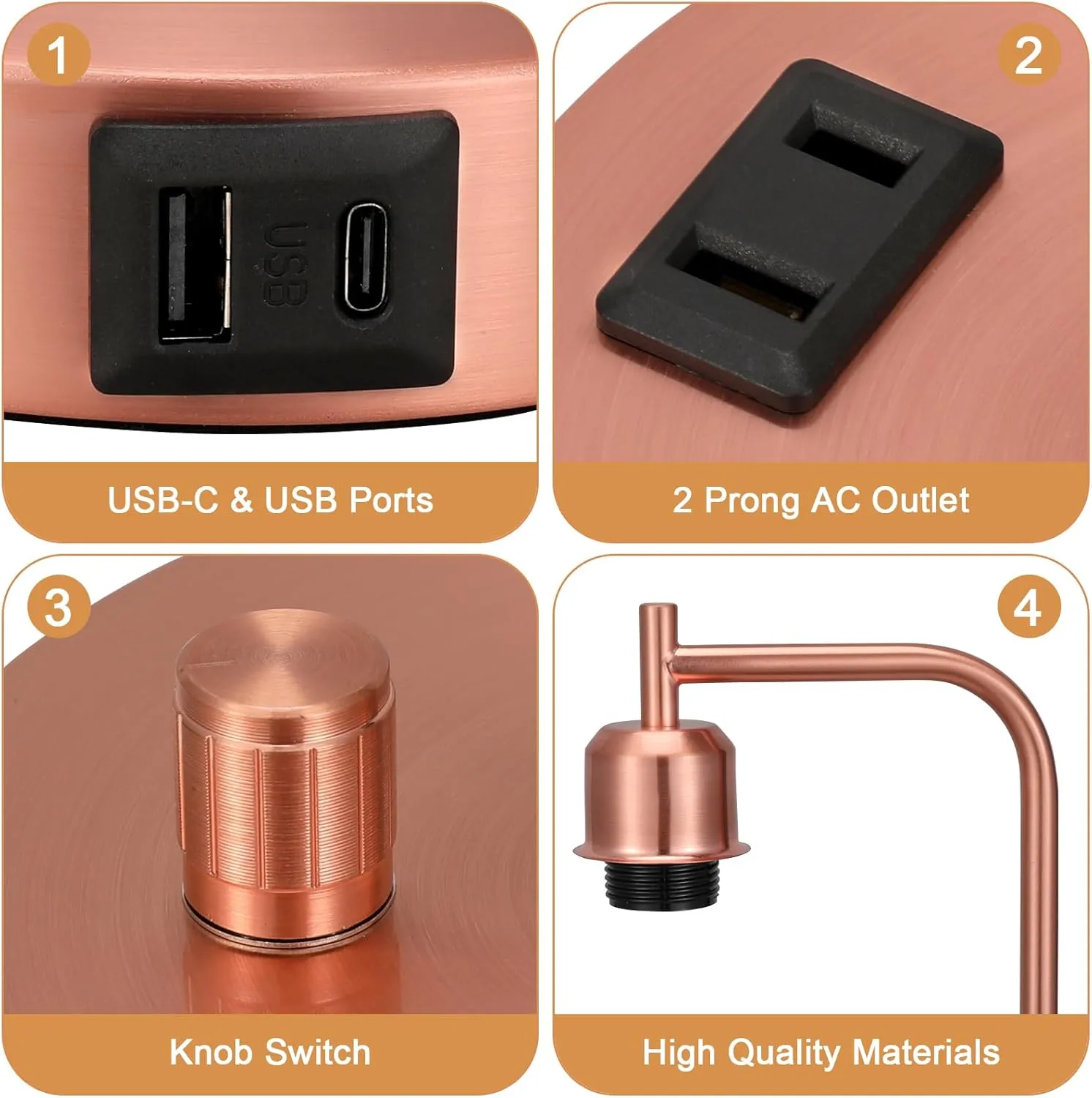 Innqoo Copper Industrial Bedside Table Lamp for Bedroom - Nightstand Lamps with USB C Charging Port, Fully Dimmable Black Ports and Outlets, Small Desk Glass Shade Office Living Room
