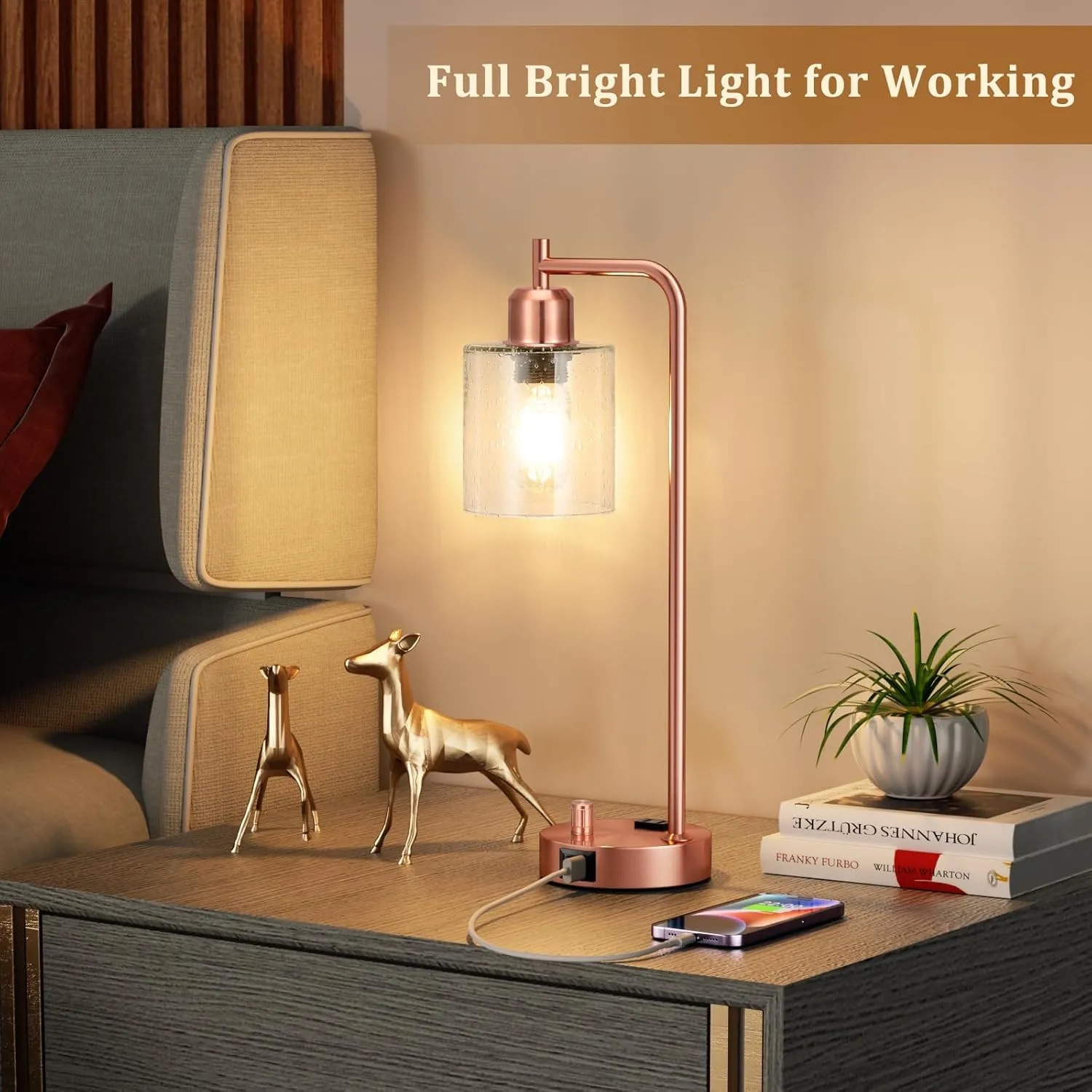 Innqoo Copper Industrial Bedside Table Lamp for Bedroom - Nightstand Lamps with USB C Charging Port, Fully Dimmable Black Ports and Outlets, Small Desk Glass Shade Office Living Room