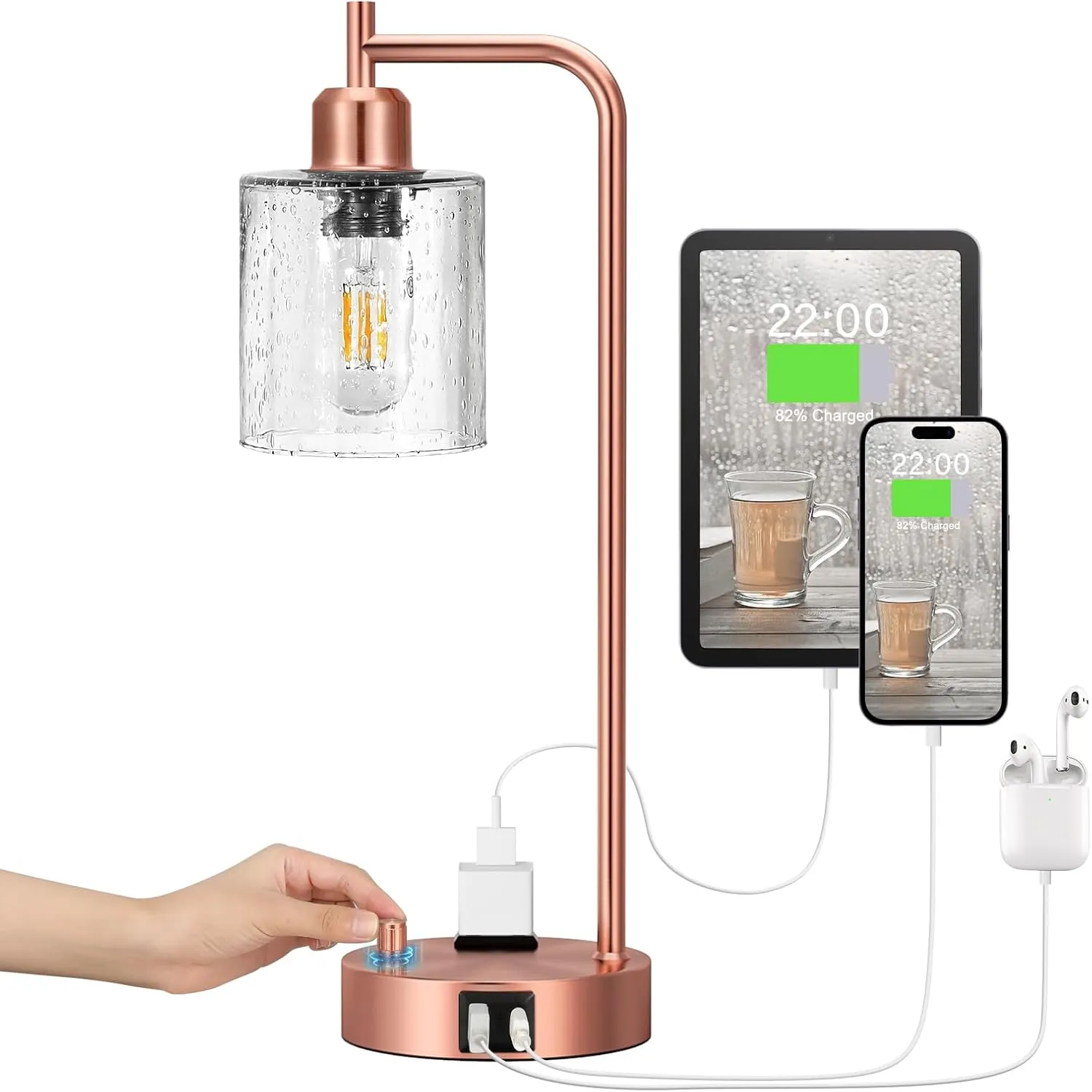 Innqoo Copper Industrial Bedside Table Lamp for Bedroom - Nightstand Lamps with USB C Charging Port, Fully Dimmable Black Ports and Outlets, Small Desk Glass Shade Office Living Room