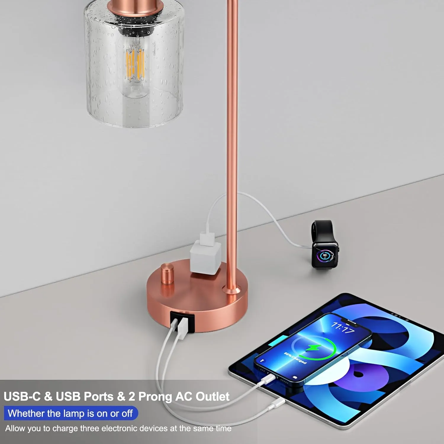 Innqoo Copper Industrial Bedside Table Lamp for Bedroom - Nightstand Lamps with USB C Charging Port, Fully Dimmable Black Ports and Outlets, Small Desk Glass Shade Office Living Room