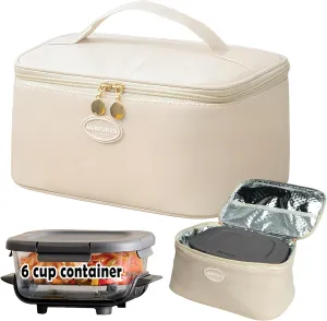 Insulated Carrying Bag for Ninja Crispi FN101SG 6-Cup Glass Container Portable PU Leather Lunch Bag Compatible with 6-Cup TempWare Container with Insulated Aluminum Layer (Apricot, 6-Cup)