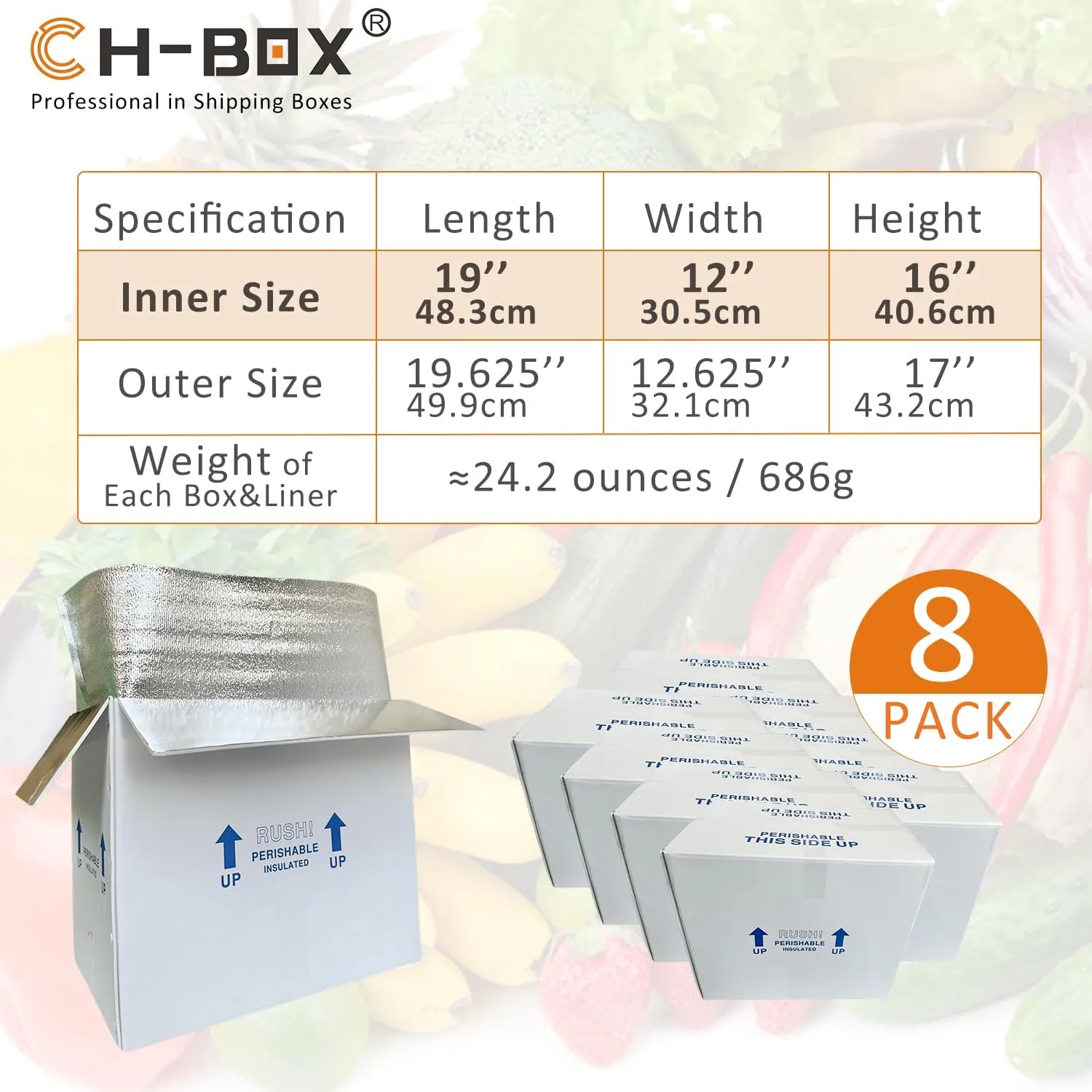 Insulated Cold Shipping Boxes with Liners, 8 Pack 19'' x 12'' x 16'', for Perishable Frozen Food, White (TB191216L-8)