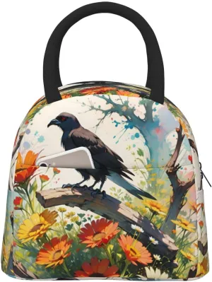 Insulated Lunch Bag for Men Women, Reusable Large Capacity Lunch Box, Leakproof Thermal Meal Cooler Shopping Grocery Tote Bag Handbags for Office Work Picnic, Crow Colorful Sunflowers