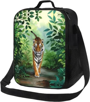 Insulated Lunch Bag with Shoulder Strap, Reusable Lunch Box with Handle, Leakproof Thermal Meal Cooler Travel Tote Shoulder Bag Handbags for Office Work Picnic, Jungle Tiger Leaves